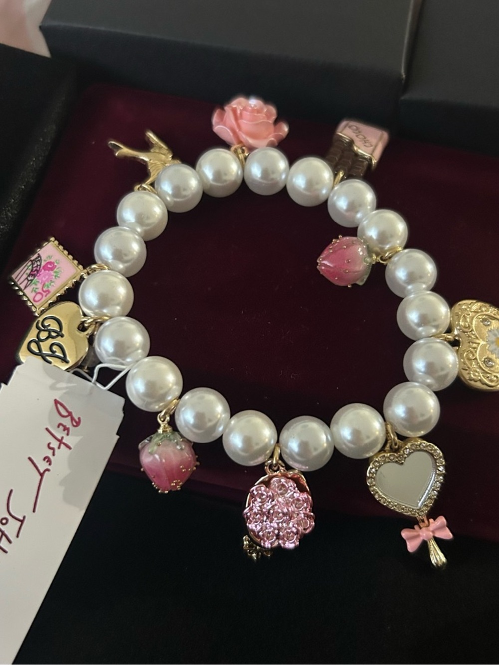 Betsey Johnson Bracelet with Pink Rose and Heart Charms